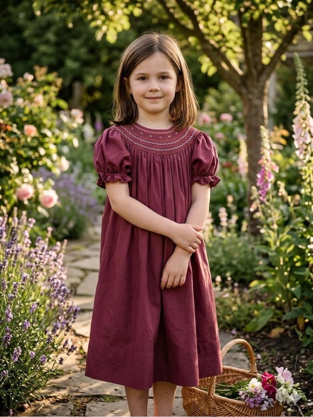 Rosalina Girls' Burgundy Smocked Puff-Sleeve Dress size 6t